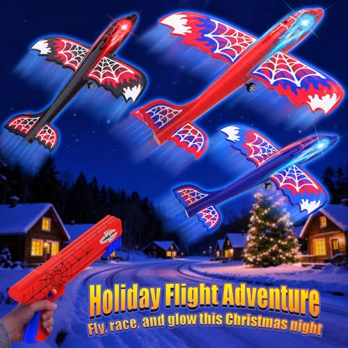 Cool Airplane Launcher Toy with Glowing Eyes & Web-Pattern Wings,2 Flight Modes Outdoor Games for Kids,Boys Toys Age 3-12,Birthday Gifts for 3 4 5 6