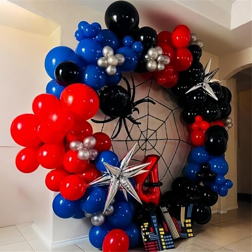 Red Blue Black Balloons, 12 Inch Royal Blue Red Confetti Latex Balloon with Black Helium Balloon Kit for Boys Spider Cool Man Halooween Theme