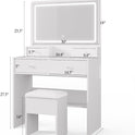 Haewon Vanity Desk with Mirror and LED Lights, White Makeup Vanity with Power Outlet, Storage Drawers and Chair, Dressing Table Set for Bedroom