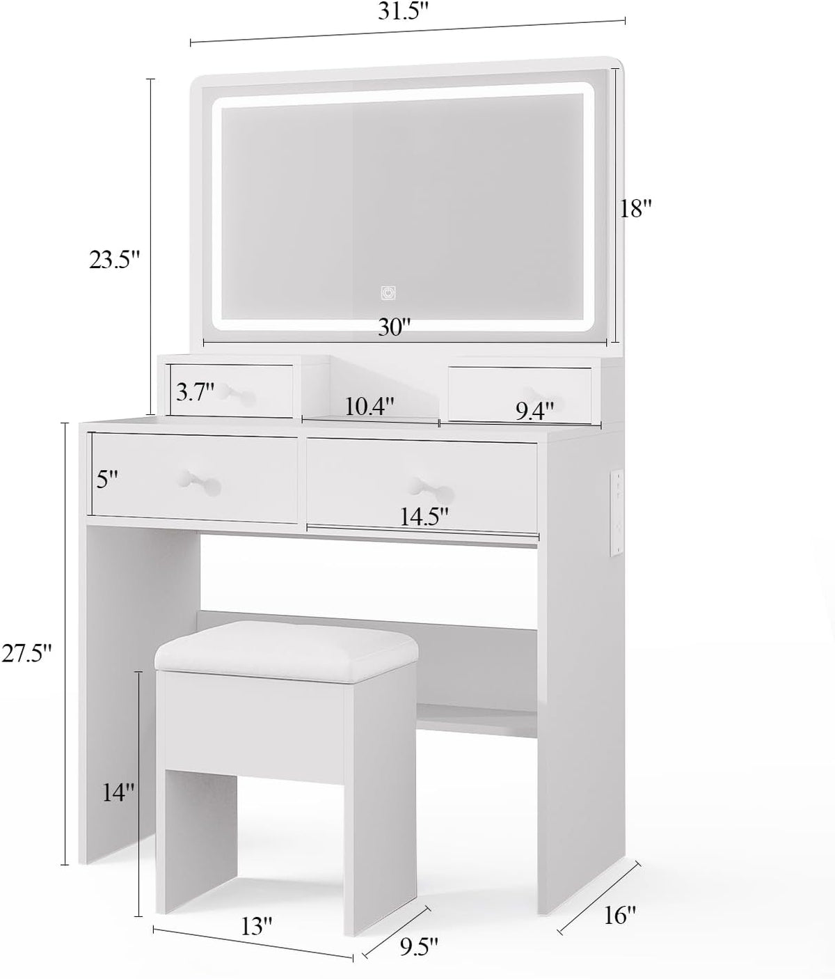 Haewon Vanity Desk with Mirror and LED Lights, White Makeup Vanity with Power Outlet, Storage Drawers and Chair, Dressing Table Set for Bedroom
