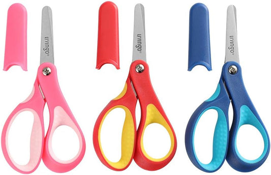 LIVINGO 5" Small School Student Blunt Kids Craft Scissors, Sharp Stainless Steel Blades Safety Comfort Grip for Children Cutting Paper, Assorted