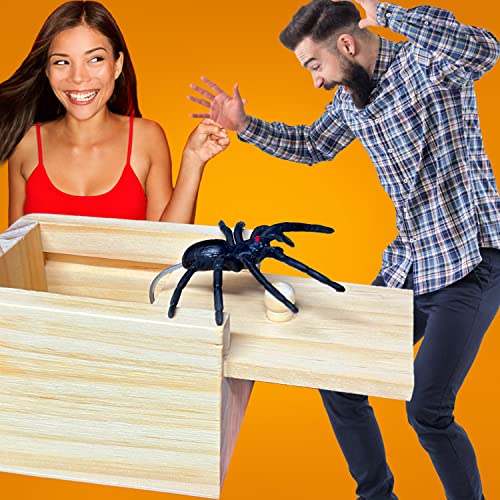 Spider Prank Box Gag Gift, Funny Surprise Gift Box Christmas White Elephant Gifts for Adults Men Women Birthday, Wooden Jump Scare Toys for Kids Ages