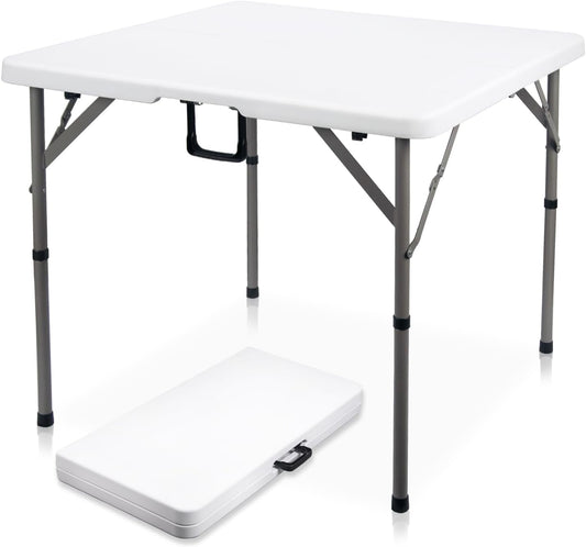 34" Square Folding Card Table, Fold-in-Half Utility Dining Portable Table Heavy Duty HDPE White Plastic Foldable with Carrying Handle Indoor Outdoor