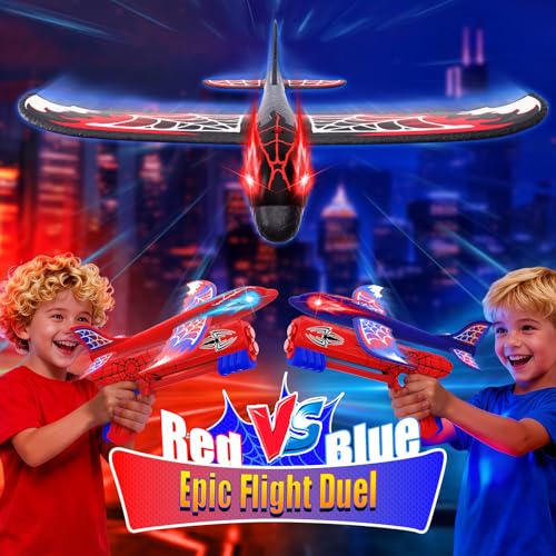 Cool Airplane Launcher Toy with Glowing Eyes & Web-Pattern Wings,2 Flight Modes Outdoor Games for Kids,Boys Toys Age 3-12,Birthday Gifts for 3 4 5 6