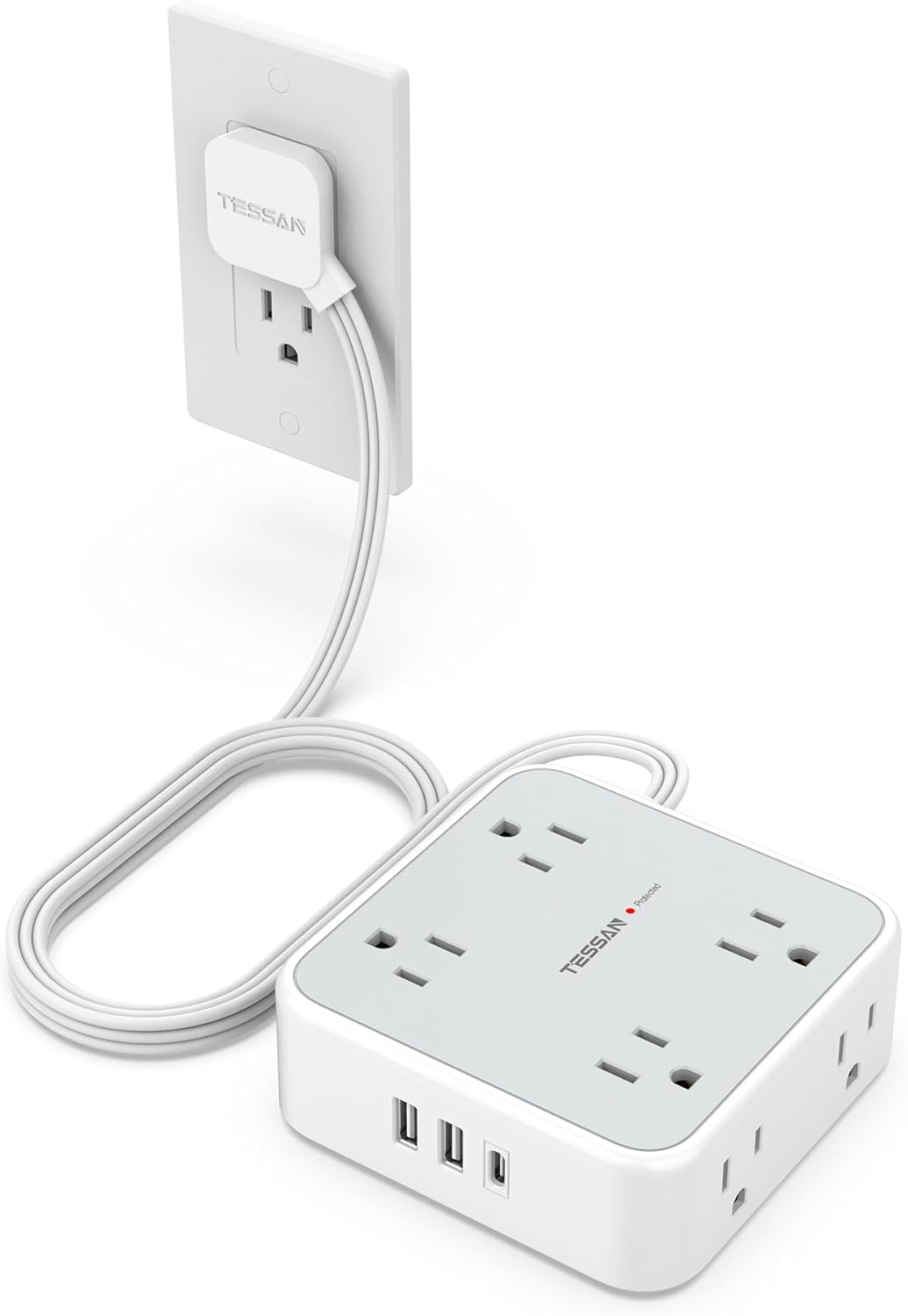 TESSAN Surge Protector Power Strip, 5 Ft Flat Plug Extension Cord with 3 USB (1 USB C) 8 Outlets, 1250W, 900J Protection, 3 Sided Outlet Extender