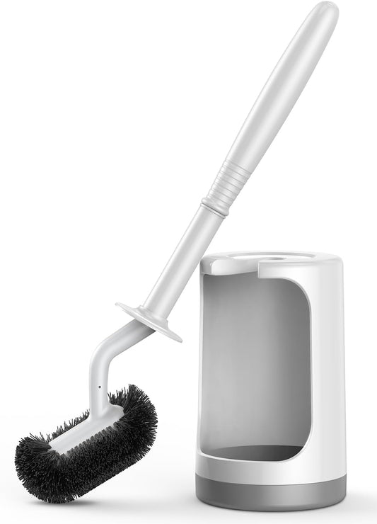 HAMITOR Toilet Bowl Brush Holder Set: Curved Design with Holder for Deep Cleaning Under Rim - Compact Hidden Scrubber for Small Space - Modern RV