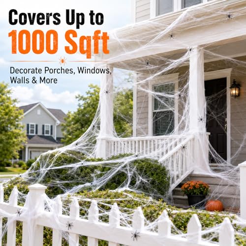 MAQIHAN 1000 sqft Spider Webs Halloween-Decorations Halloween Spider Web Cobwebs Halloween Decorations with 40 Fake Spiders Super Stretch Cobwebs