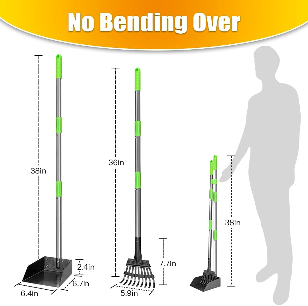 TOOGE Pooper Scooper, Dog Pooper Scooper Long Handle Stainless Metal Tray and Rake for Medium Small Dogs Heavy Duty Pet Supplies to Use for Grass