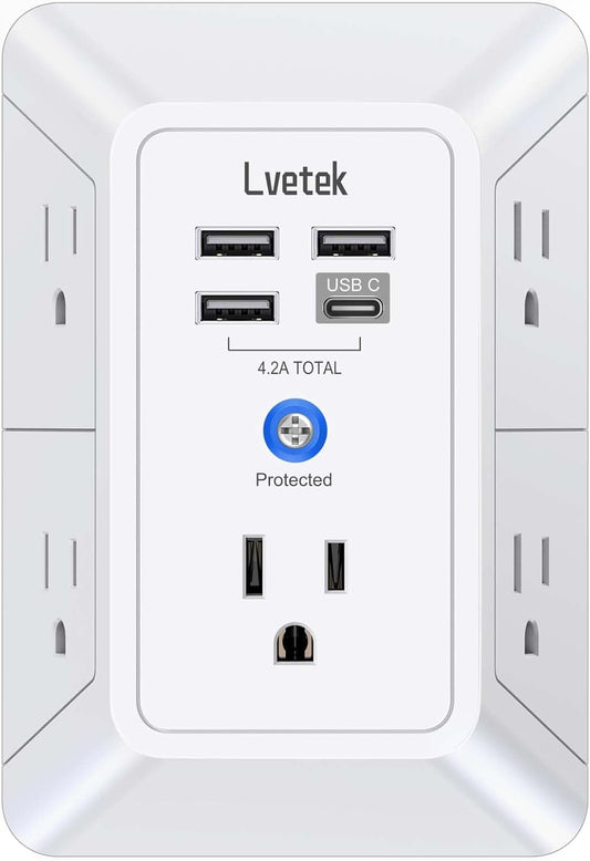5 Outlet Extender Multi Plug Wall Outlets with 4 USB Charging Ports (1 USB C Outlet), 3 Sided 1680J Surge Protector Power Strip USB Wall Charger for