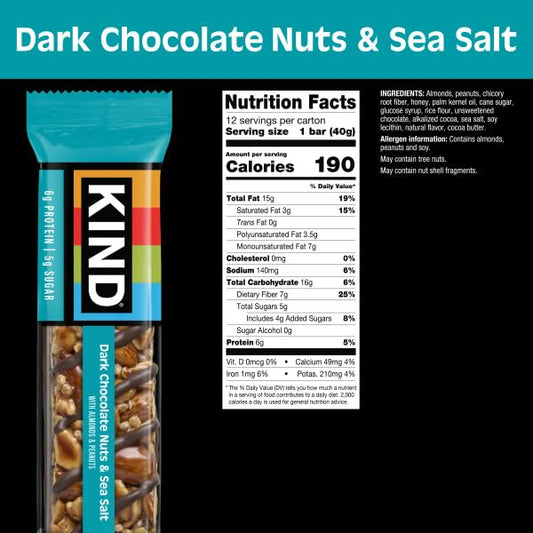 KIND Nut Bars, Dark Chocolate Nuts and Sea Salt, Healthy Snacks, Gluten Free, Low Sugar, 6g Protein, 12 Count
