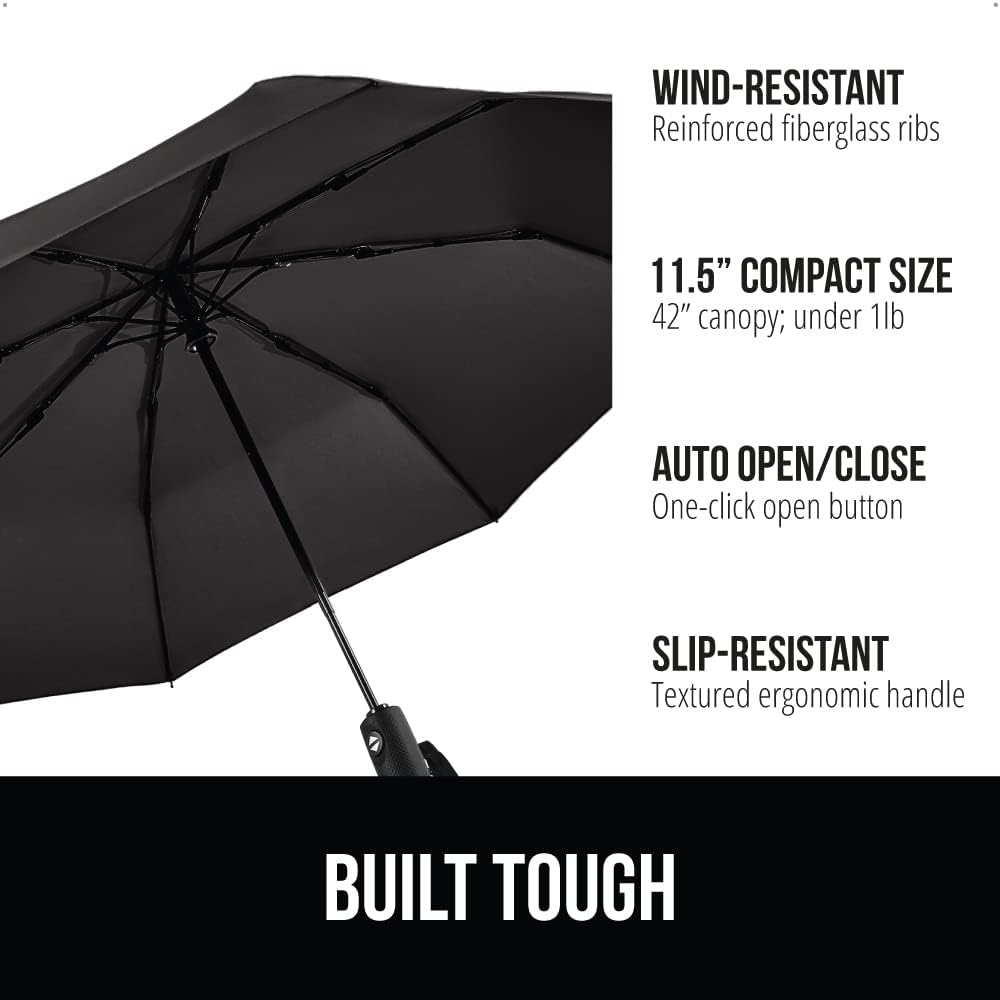 GORILLA GRIP Strong Windproof Stick Compact Umbrella for Rain, One-Click Automatic Open and Close, Durable Quick Dry Waterproof Material, Lightweight