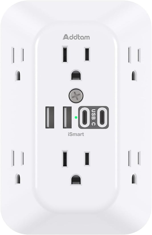 Addtam Surge Protector Outlet Extender, 6-Outlet Splitter with 4 USB Wall Charger(2 USB-C Ports), Multi Plug Wall Outlet 1800J Power Strip for Home