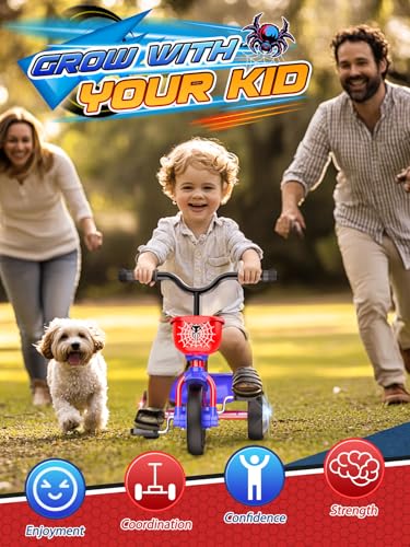 Tricycle for Toddlers 1-3 3-5 Year Olds, Spider Toddler Bike Baby Balance Bike with Colorful Lighting Wheels & Large Basket, Birthday Gift and Toy