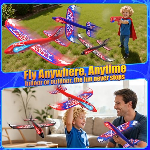 Cool Airplane Launcher Toy with Glowing Eyes & Web-Pattern Wings,2 Flight Modes Outdoor Games for Kids,Boys Toys Age 3-12,Birthday Gifts for 3 4 5 6