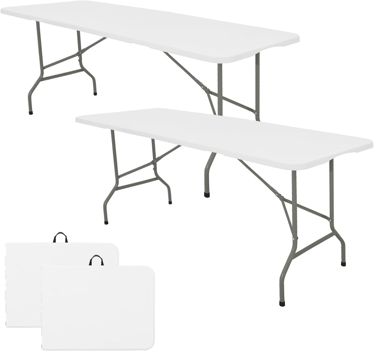 Set of 2 Folding Table 6 FT Lightweight Camping Table Portable Plastic Rectangular Outdoor Dining Table Steel Legs Fold-in-Half with Carrying Handle