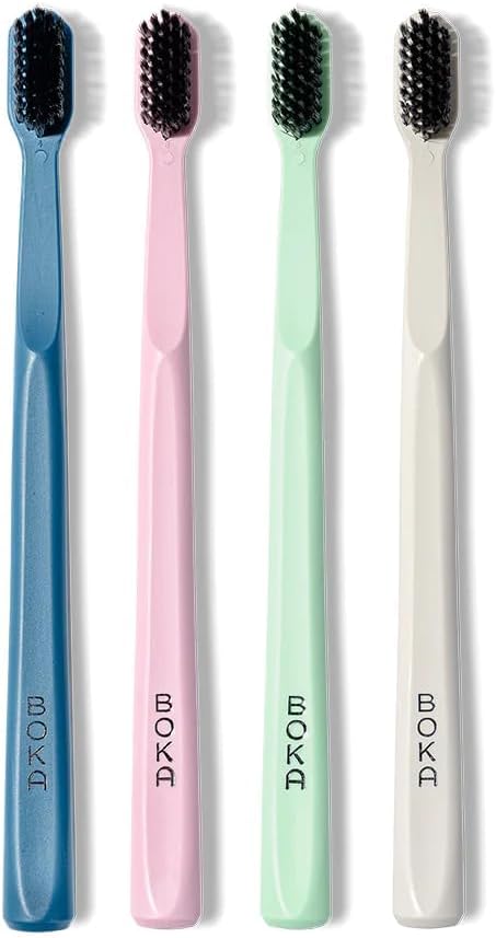 Boka Classic Manual Toothbrush with Extra Soft Activated-Charcoal, Tapered Bristles, Bioplastic Handle That Includes Travel Cap, Dentist-Approved