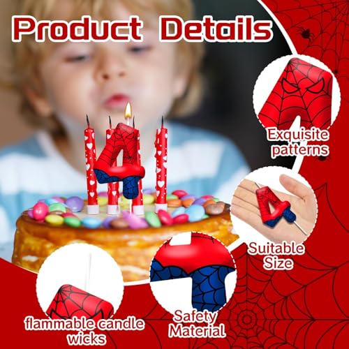 Spider Themed Birthday Candles Number 4 Red Blue Spider Web Themed Cake Topper Candle Party Decoration Birthday Party Celebrations Supplies Favors