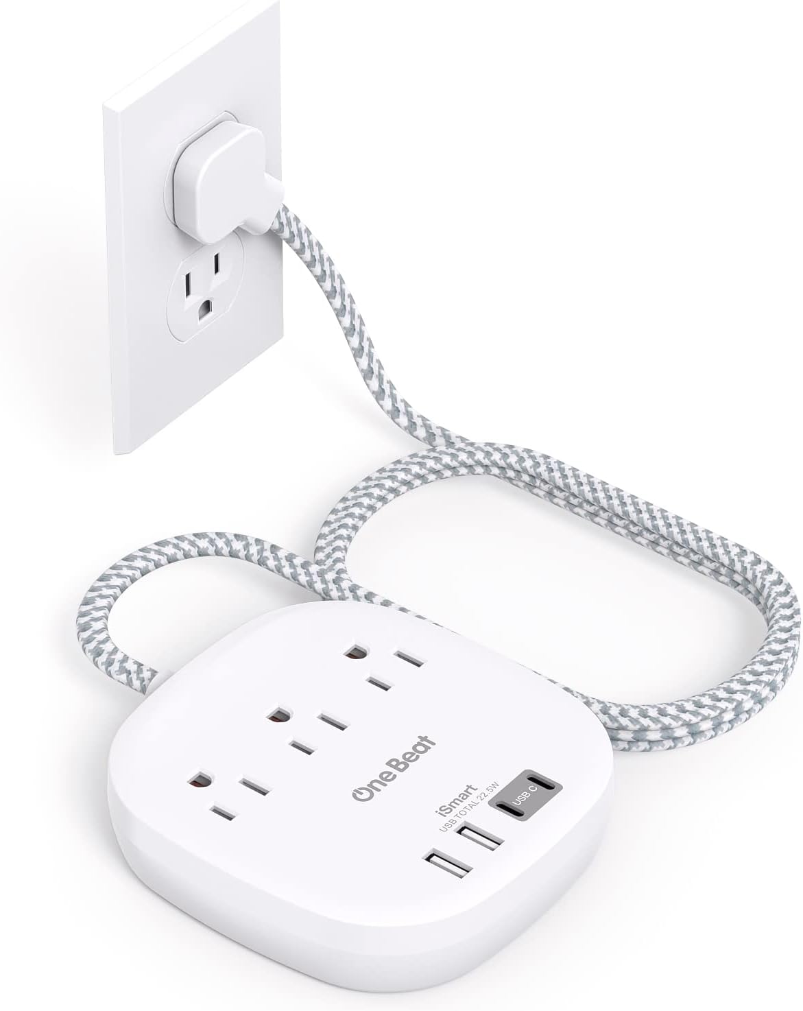 Flat Plug Power Strip, 6ft Ultra Flat Extension Cord - 3 Outlets 4 USB Ports (2 USB C) 22.5W/4.5A Desktop Charging Station, Power Strip No Surge