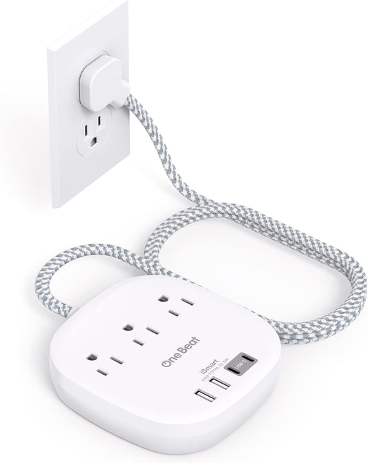 Flat Plug Power Strip, 6ft Ultra Flat Extension Cord - 3 Outlets 4 USB Ports (2 USB C) 22.5W/4.5A Desktop Charging Station, Power Strip No Surge