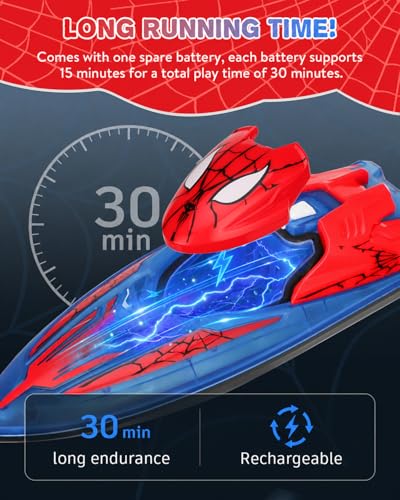 Spider Hero RC Boat, 2.4GHz Remote Control Boat with LED Lights for Kids, Pool Toy with 2 Rechargeable Batteries, Spray Function, and Low Battery