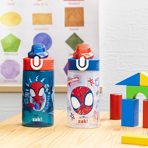 Zak Designs Marvel Spider-Man Sage Kids Water Bottle For School or Travel, 16oz Durable Plastic Water Bottle With Straw, Handle, and Leak-Proof Spout