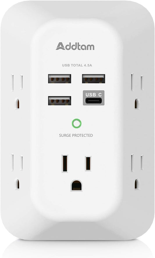Addtam USB Wall Charger Surge Protector 5 Outlet Extender with 4 USB Charging Ports (1 USB C Outlet) 3 Sided 1800J Power Strip Multi Plug Outlets