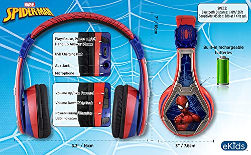 eKids Spiderman Wireless Bluetooth Portable Headphones with Microphone, Volume Reduced to Protect Hearing Rechargeable Battery, Adjustable Kids