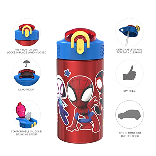 Zak Designs Marvel Spider-Man 18/8 Single Wall Stainless Steel Kids Water Bottle, Flip Straw Locking Spout Cover, Durable Cup for Sports or Travel