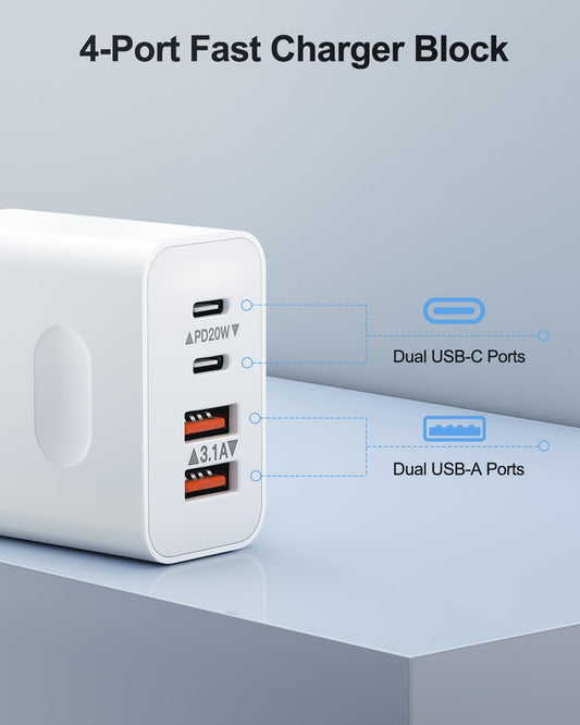 [2-Pack] USB C Wall Charger, 40W 4-Port Fast Charging Block USB C Charger Dual USBC Power Adapter + QC Wall Plug Multiport Brick Type C Block for