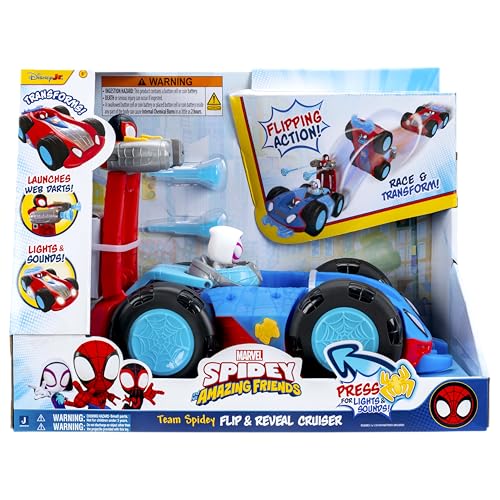 Jazwares Marvel Spidey and His Amazing Friends Team Spidey Flip and Reveal Cruiser - 11-Inch Double-Sided Vehicle with Lights, Sounds, and Web Blast
