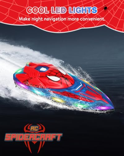 Spider Hero RC Boat, 2.4GHz Remote Control Boat with LED Lights for Kids, Pool Toy with 2 Rechargeable Batteries, Spray Function, and Low Battery