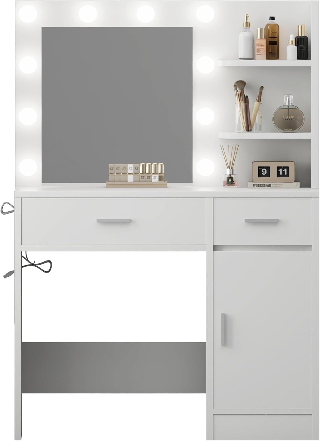 Lighted Makeup Vanity Desk, 35.4“W x 15.7'”D x 54“H, White (with Lights and Mirror, Dimming Function, 2 Drawers and 1 Cabiniet, Open Shelves) by