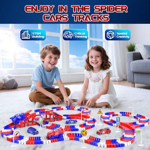 Spider Toys for Boys 4-6, Spider Race Track with 5 Cool Spider Cars Toys for Kids Boys Toddler, Flexible Car Tracks for Age 3 4 5 6 7 8 Year & Up Old