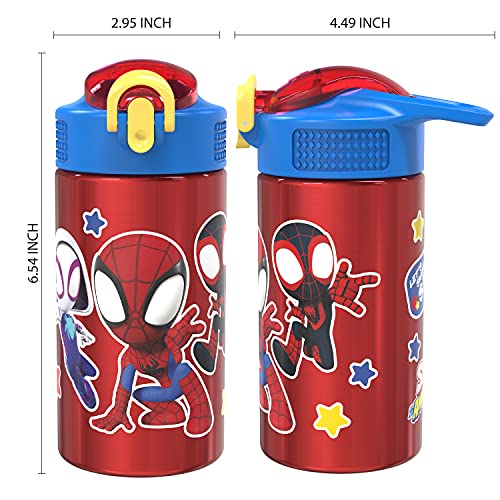 Zak Designs Marvel Spider-Man 18/8 Single Wall Stainless Steel Kids Water Bottle, Flip Straw Locking Spout Cover, Durable Cup for Sports or Travel