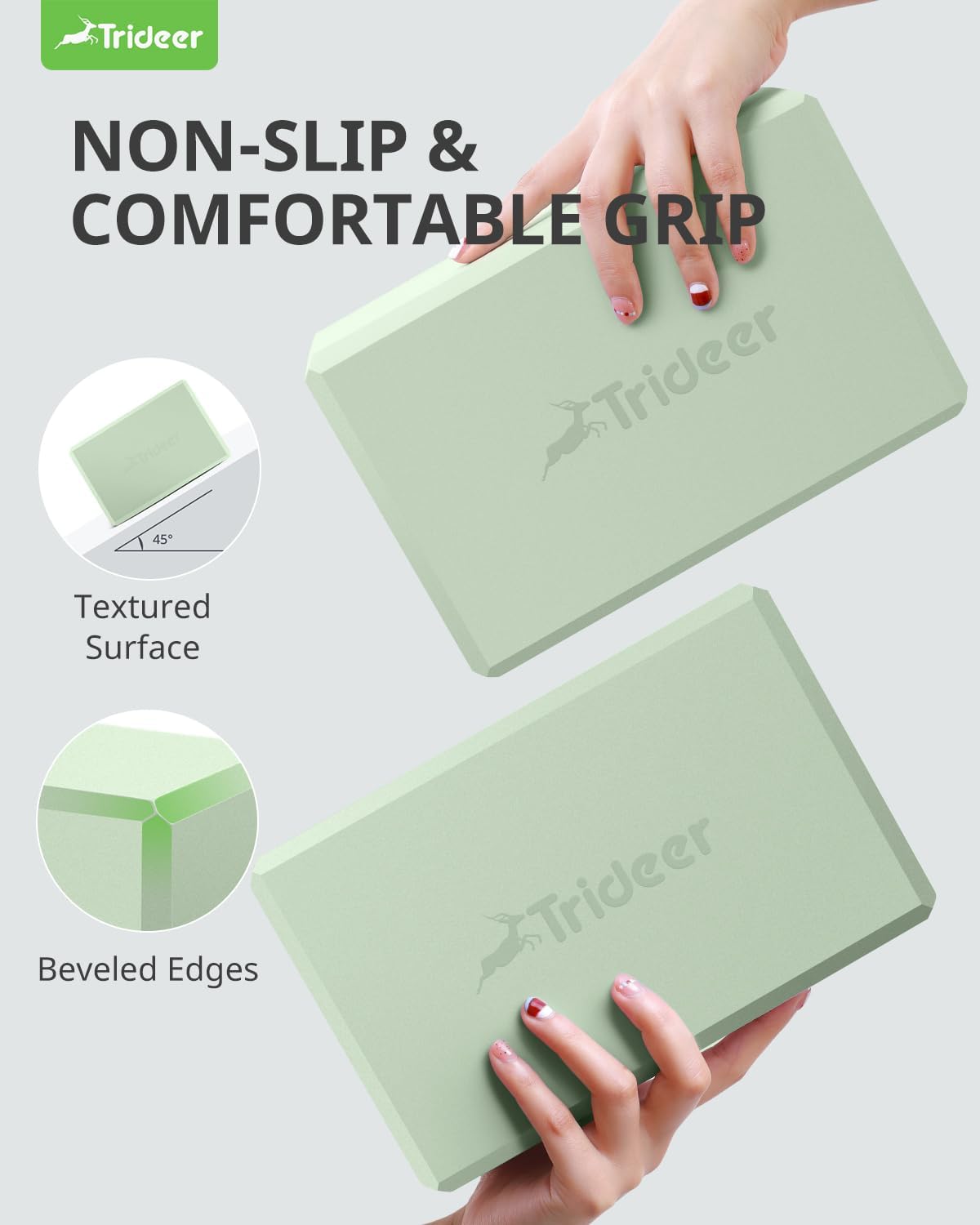 Trideer Yoga Blocks 2 Pack, Soft Non-Slip Foam Blocks with Beveled Edges for Alignment and Stretching in Yoga, Pilates, and Dance - Supportive