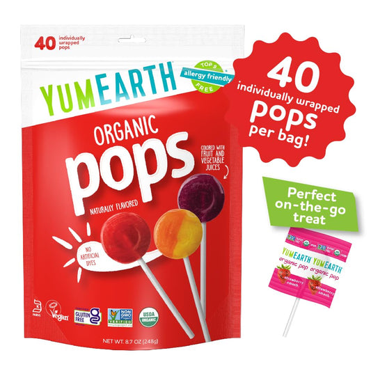 YumEarth Organic Pops Variety Pack, 40 Fruit Flavored Favorites Lollipops, Allergy Friendly, Gluten Free, Non-GMO, Vegan, No Artificial Flavors or