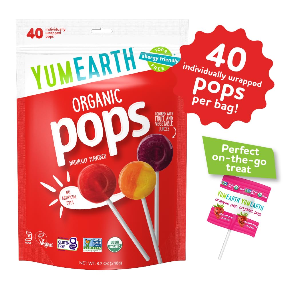 YumEarth Organic Pops Variety Pack, 40 Fruit Flavored Favorites Lollipops, Allergy Friendly, Gluten Free, Non-GMO, Vegan, No Artificial Flavors or