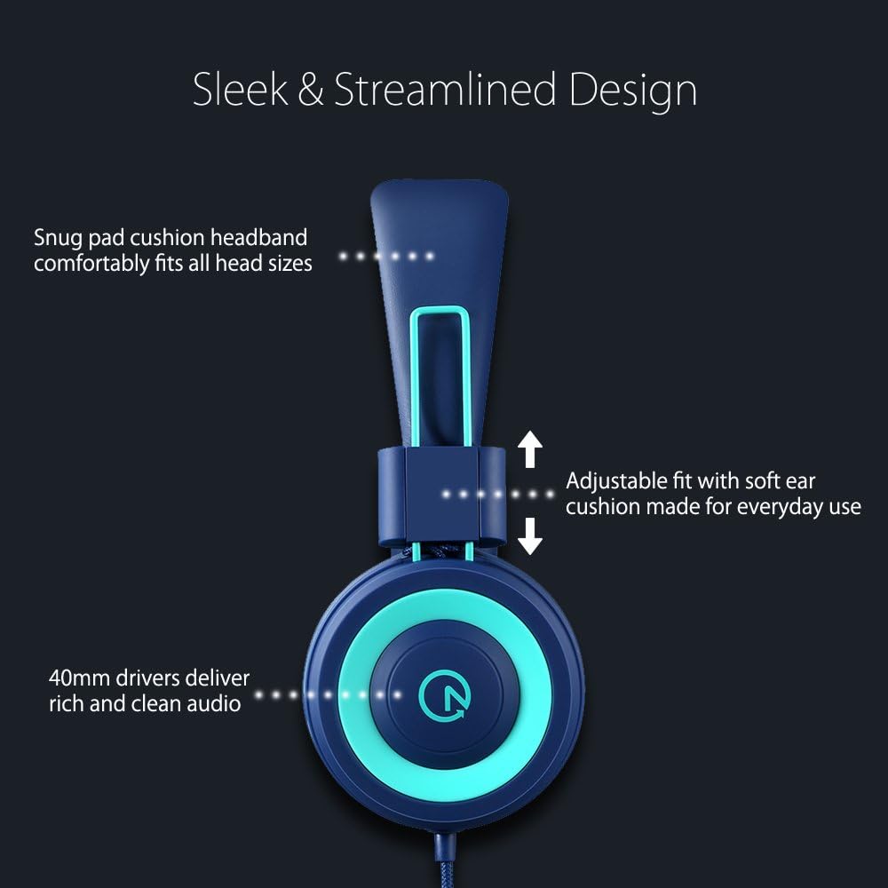 Kids Headphones - noot products K11 Foldable Stereo Tangle-Free 3.5mm Jack Wired Cord On-Ear Headset for