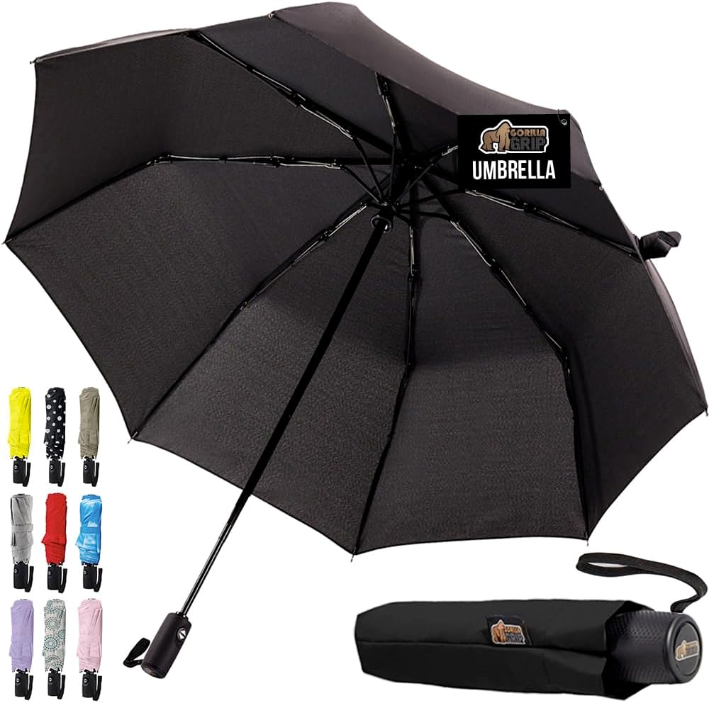 GORILLA GRIP Strong Windproof Stick Compact Umbrella for Rain, One-Click Automatic Open and Close, Durable Quick Dry Waterproof Material, Lightweight