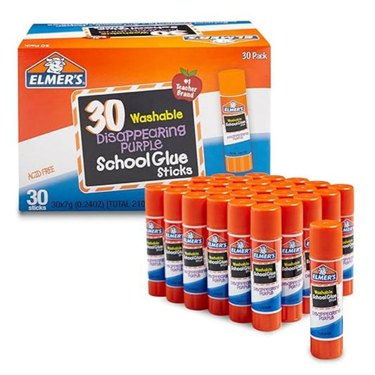 Elmer's Disappearing Purple School Glue Sticks, Washable, 7 Grams, 30 Count - Poster, Vision Board, Back to School, Bulk Pack for Classrooms, #1