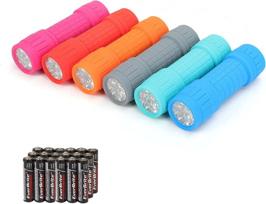 EverBrite 9-LED Flashlight 6-Pack Impact Handheld Torch Assorted Colors with Lanyard 3AAA Battery Included (Hurricane Supplies, Camping, Hiking