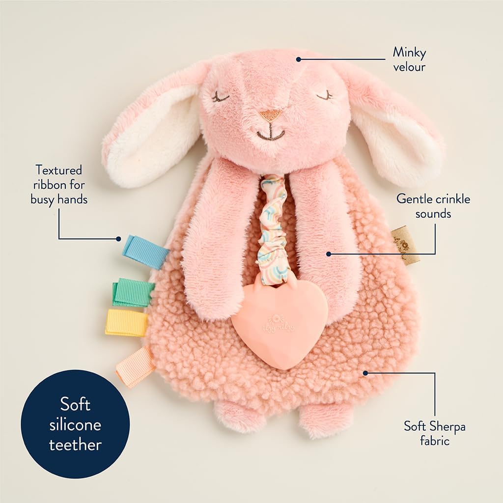 Itzy Ritzy - Itzy Lovey Including Teether - Baby Lovey with Teether, Textured Ribbons & Dangle Arms - Features Crinkle Sound, Sherpa Fabric and Minky