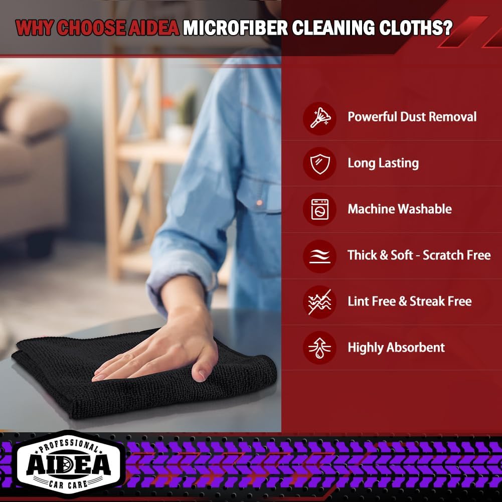 AIDEA Microfiber Cleaning Cloth Black 10PK, Microfiber Towels for Cars, Premium Wash Cloths, Dusting Cloth Lint Free Cleaning Rags for SUVs, House