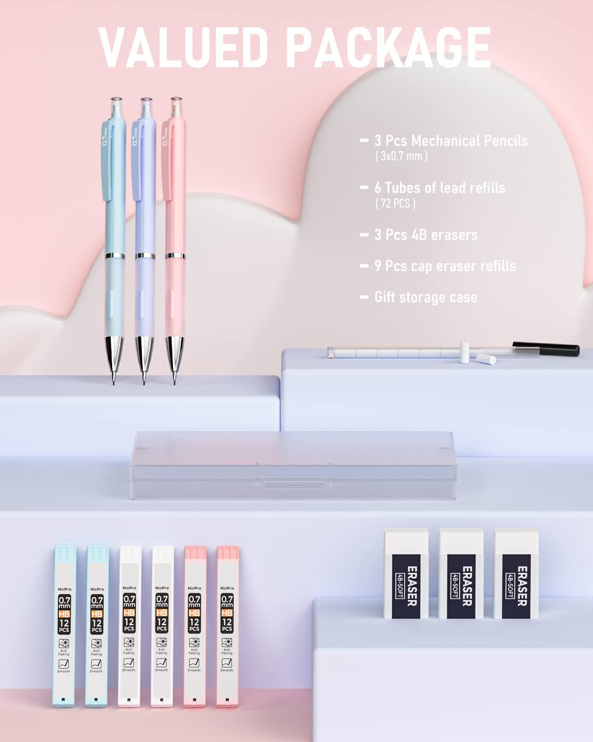 Nicpro 3PCS Cute Mechanical Pencil Set with Case, 0.7 mm Pencils with 6 Tube HB Lead Refill, 3PCS Eraser, 9PCS Eraser Refill for School Supplies Kid