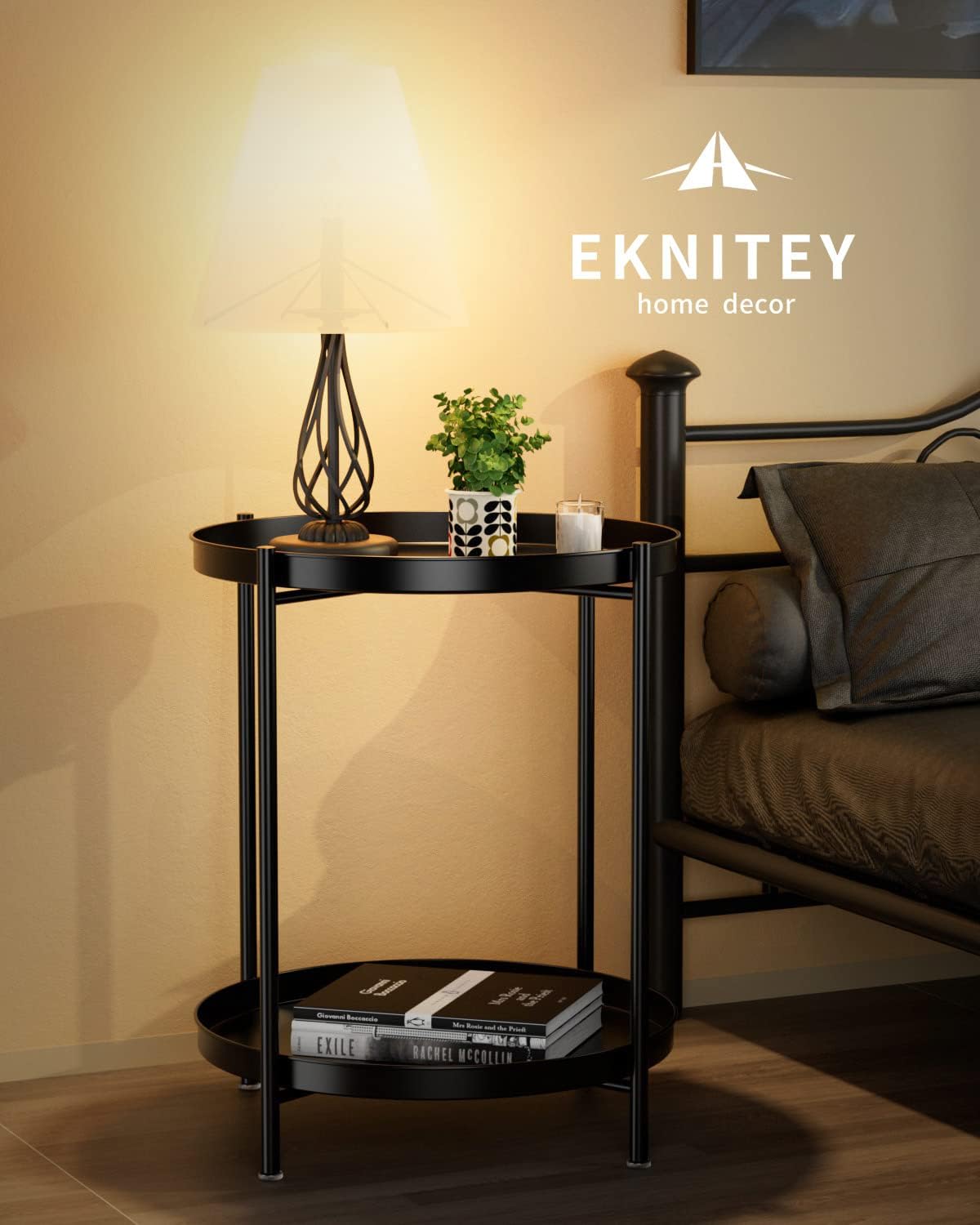 EKNITEY 2 Tier End Table - Metal Side Table Waterproof Small Sofa Coffee Side Tables Bedroom Indoor Outdoor with Removable Tray for Living Room