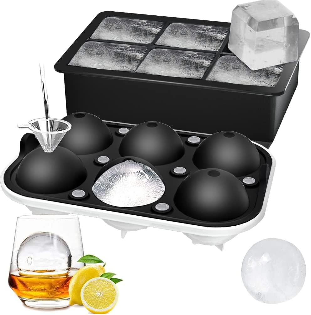 ROTTAY Ice Cube Trays (Set of 2), Sphere Ice Ball Maker with Lid & Large Square Ice Cube Maker for Whiskey, Cocktails and Homemade, Keep Drinks