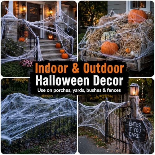 MAQIHAN 1000 sqft Spider Webs Halloween-Decorations Halloween Spider Web Cobwebs Halloween Decorations with 40 Fake Spiders Super Stretch Cobwebs