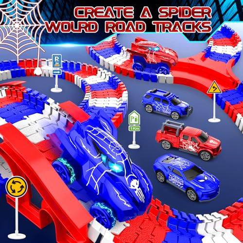 Spider Toys for Boys 4-6, Spider Race Track with 5 Cool Spider Cars Toys for Kids Boys Toddler, Flexible Car Tracks for Age 3 4 5 6 7 8 Year & Up Old