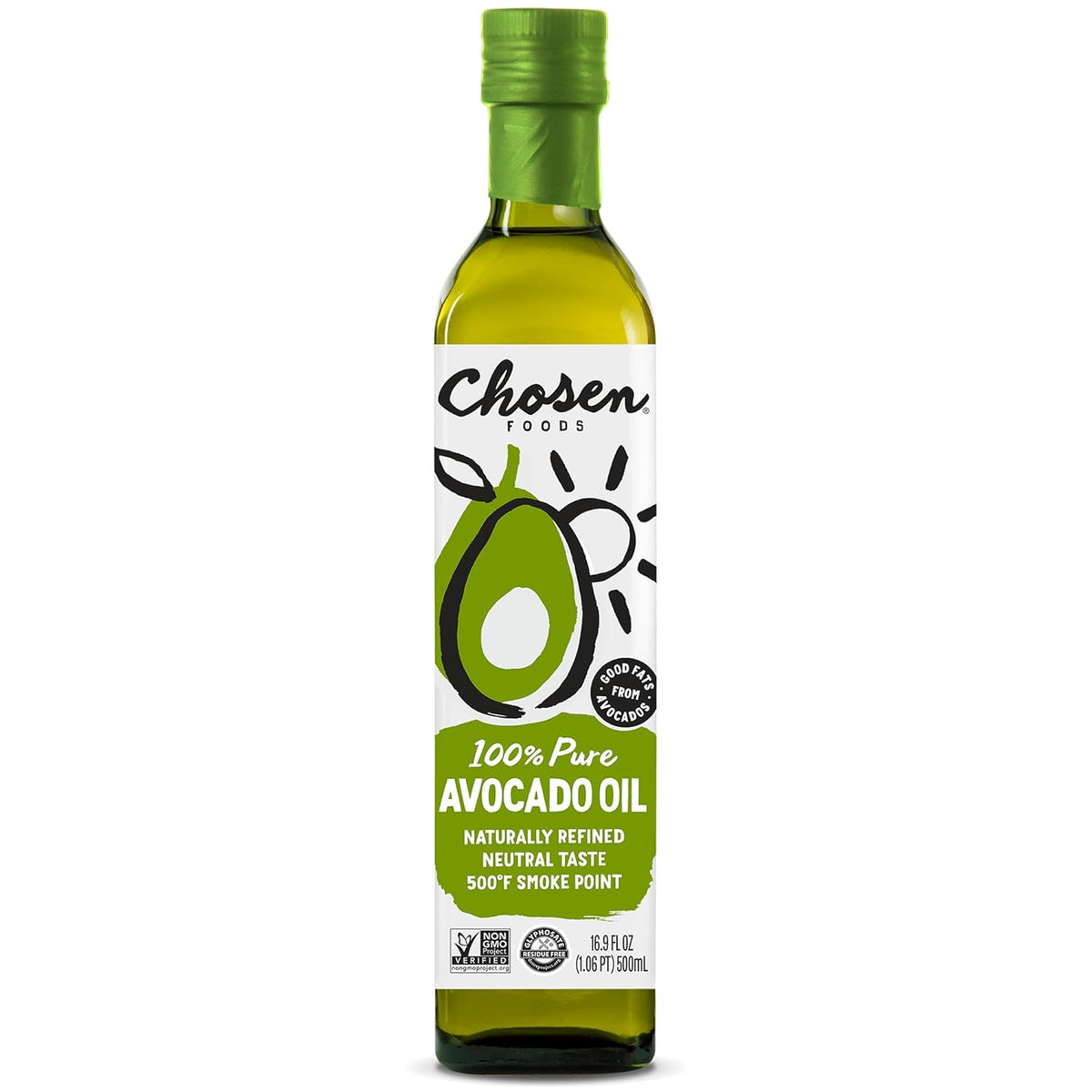 Chosen Foods Avocado Oil, 16.9 Fl Oz - All Purpose Cooking Oil made from 100% Pure Avocados - Non-GMO, Gluten-Free, Keto Friendly, Glyphosate Free