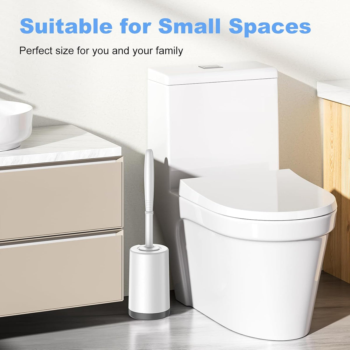 HAMITOR Toilet Bowl Brush Holder Set: Curved Design with Holder for Deep Cleaning Under Rim - Compact Hidden Scrubber for Small Space - Modern RV